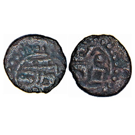 Travancore, Ananthasayanam issues, Copper, 0.42g, Obv: Padmanabha to left, hand bent up, s