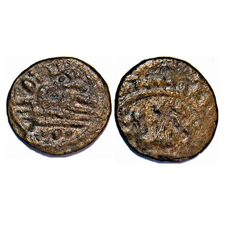 Travancore, Copper, 0.62g, Obv: Padmanabha to left, sanku, & chakra, Rev: Annam to left, s