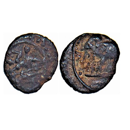 Travancore, Ananthasayanam issues, Copper, 0.19g, Obv: Padmanabha to left, hand bent up, R