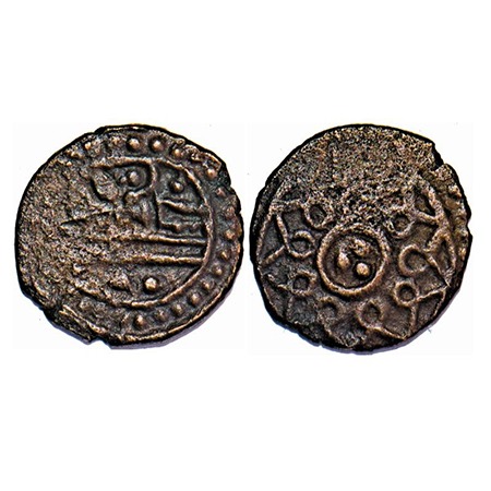 Travancore, Copper, 1.51g, Obv: Padmanabha to left, sanku, & chakra, Rev: Decorated flower