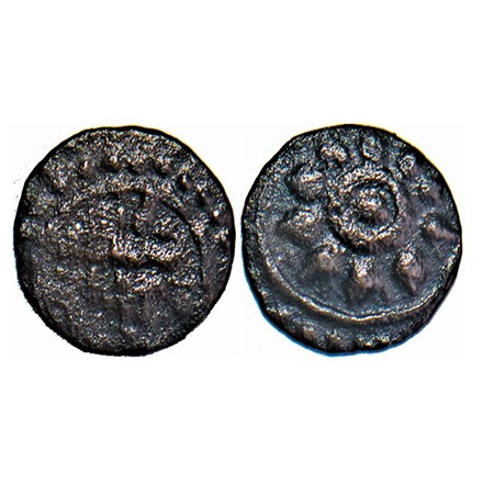 Travancore, Ananthasayanam issues, Copper, 0.27g, Obv: Padmanabha to left, hand bent up, R
