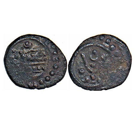 Travancore, Ananthasayanam issues, Copper, 1.08g, Obv: Padmanabha to left, hand bent up, R
