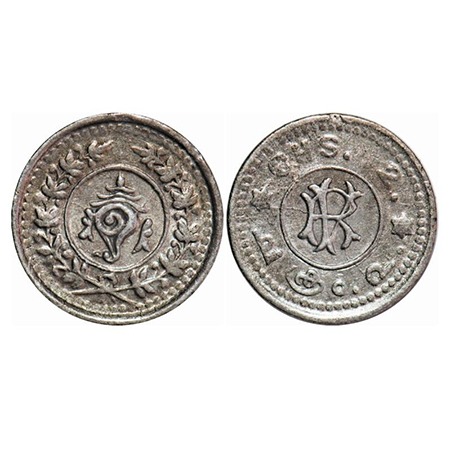 Travancore, Silver, 2 Chuckram, 0.76g, Rama Varma VI (ME 1062-1101/ 1885-1924 AD), Obv: Co
