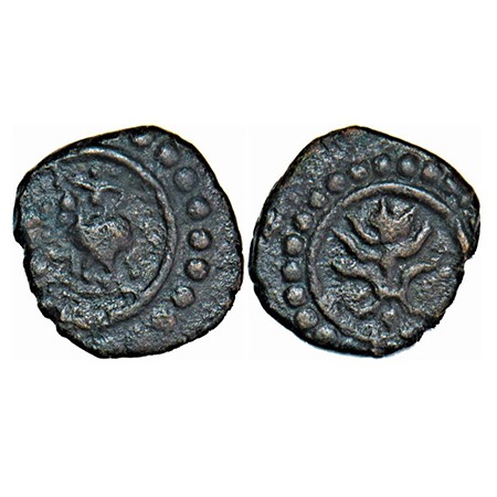 Travancore, Copper, Thirai Cash, 1.19g, Obv: elephant with riders walking left, Rev: open 