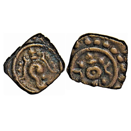 Travancore, Copper Thira Cash, 0.80g, Obv: conch to left. Beena Sarasan 369 type. About Ve