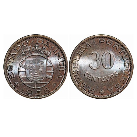 Indo Pourtuguese, Bronze, Republic, 30 Centavos 1958 AD. A.Gomes (page 606) 14.01 / KM 31.