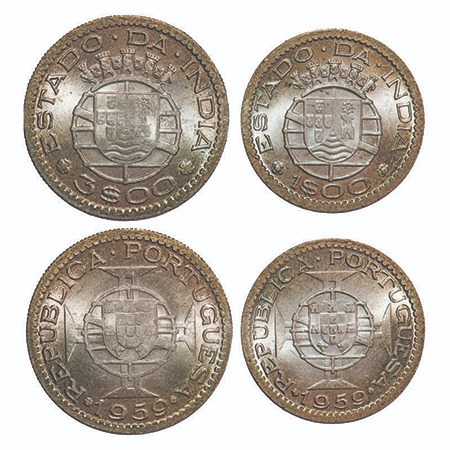 Indo Pourtuguese, Copper Nickle (2 Coins), Republic, 1 & 3 Escudos 1959 AD. A.Gomes (page 