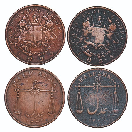 Bombay Presidency, Copper ½ Anna (2 Coins), 1834 AD, Obv: Arms of EIC Company, Rev: Scales