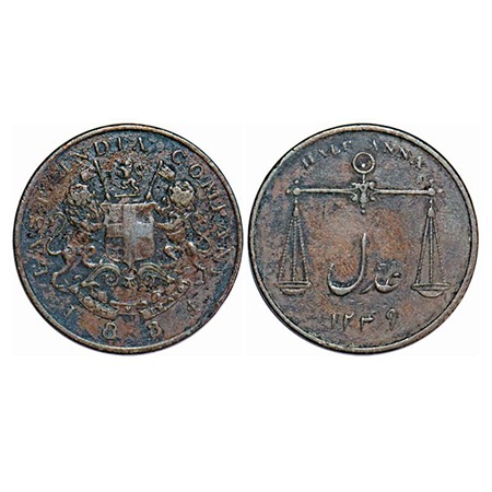 Bombay Presidency, Copper ½ Anna, 12.91g, 1834 AD, Obv: Arms of EIC Company, Rev: Scales o