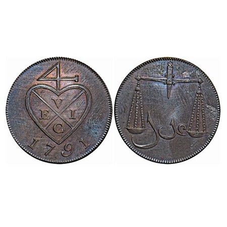 Bombay Presidency, Copper 1 1/2 Pice/6 Reas, 9.72g, Soho Mint, 1791 AD. Obv: Bale Mark and
