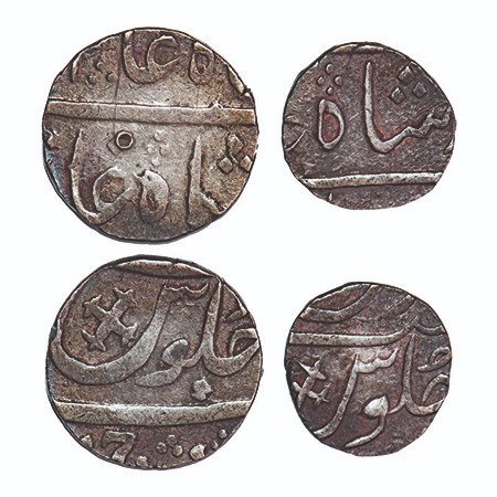 Bombay Presidency, Broach, Silver Rupee & ½ Rupee (2 Coins), 11.56/5.82g, INO Shah Alam II