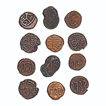 Madras Presidency, Copper Cash (6 Coins), (1731-1752 AD Issue), 1731, 1733, 1734, 1736, 17