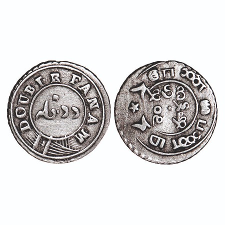 Madras Presidency, Silver Double Fanam, 1.88g, (1808 AD Second Issue). Reverse struck at 9