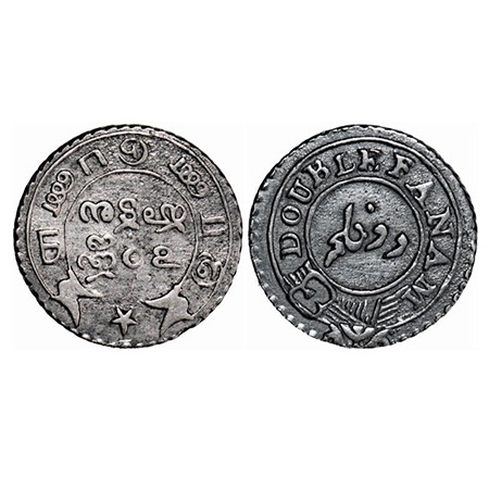 Madras Presidency, Silver Double Fanam, 1.88g, (1808 AD 2nd Issue). Obv: Two Vertical line