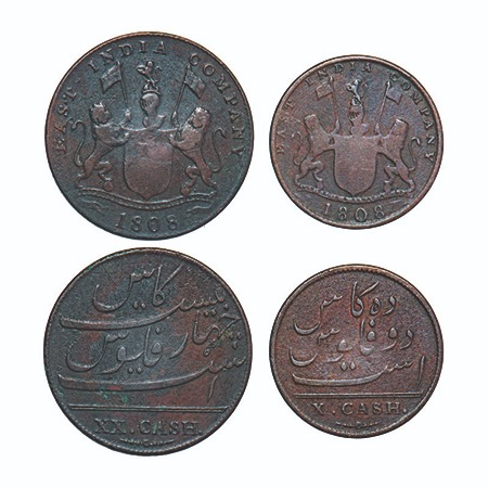 Madras Presidency, Copper (2 Coins), 1) XX (Twenty) Cash, 9.13g (Light Issue), 2) X (Ten) 