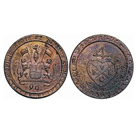 Madras Presidency, Copper ½ Dub / 1/96 of Rupee, 6.59g, (1794 -1797 AD Issue). 1794 AD. Ob