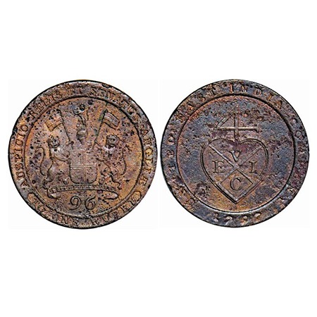 Madras Presidency, Copper ½ Dub / 1/96 of Rupee, 6.92g, (1794 -1797 AD Issue). 1797 AD. Ob
