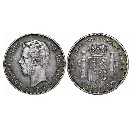 Spain, Silver 5 Pesetas (0.835 silver), 25.09g, 1871 SD.M. KM 666, Very Fine, Scarce.