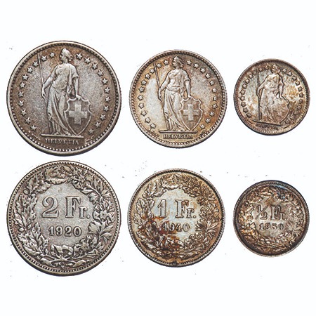 Switzerland, Silver (3 Coins) (0.8350 silver), 1/2 Franc 1920, 1 Franc 1940, 2 Franc 1920.