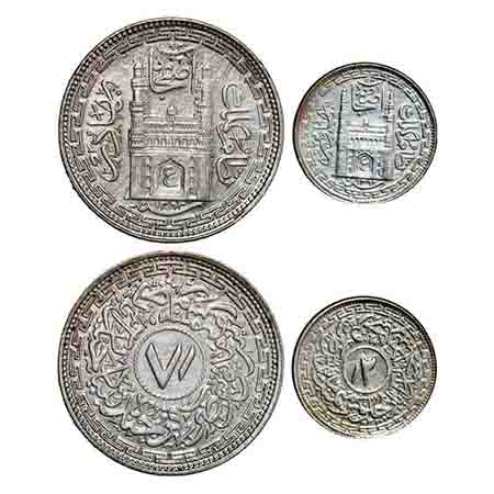Hyderabad, Silver 8 and 4 Annas (2 Coins), Mir Usman Ali Khan, Farkhanda Bunyad Hyderabad 
