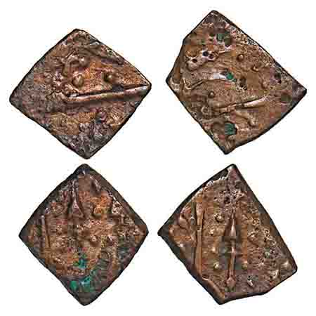 Sunth, Copper Paisa (2 Coins), 2.19 & 1.82g, Spear and mace as mint marks. Very Fine, Scar