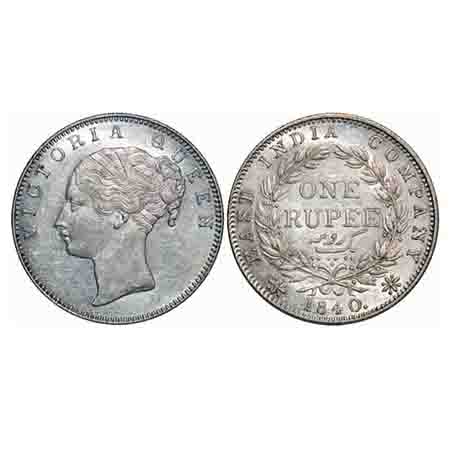 Victoria Queen, Silver, Rupee, 1840, CL, Calcutta Mint, A/I, English Head, Wreath with 19 