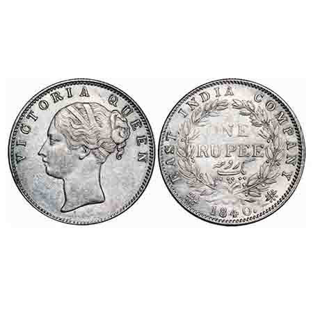 Victoria Queen, Silver, Rupee, 1840, CL, Calcutta Mint, A/II, English Head, With bud leave