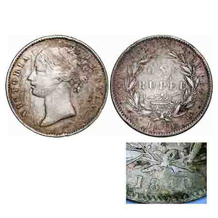 Victoria Queen, Silver, Rupee, 1840, DL, Mule, Calcutta Mint, W.W. raised, wreath with 27 