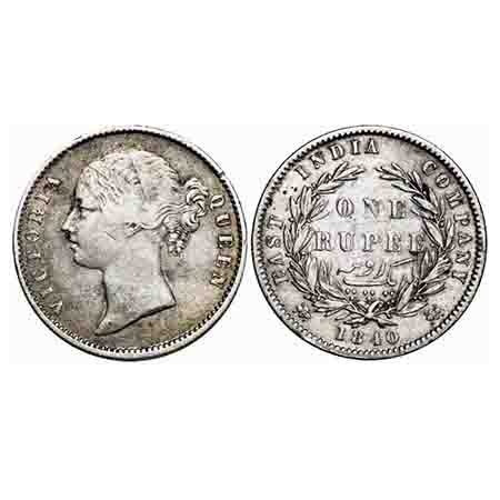Victoria Queen, Silver, Rupee, 1840, DL, Mule, Calcutta Mint, W.W. raised, Wreath with 27