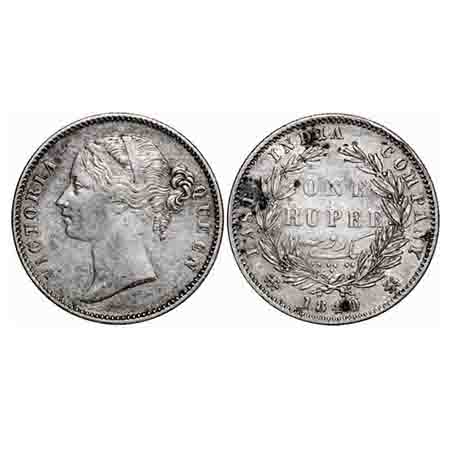 Victoria Queen, Silver, Rupee, 1840, DL, Calcuta Mint, W.W. raised, Wreath with 28 Berries