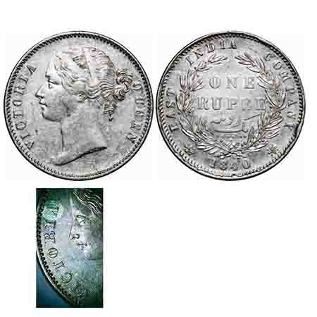 Victoria Queen, Silver, Rupee, 1840, DL, Calcutta Mint, W.W. raised, Wreath with 28 Berrie