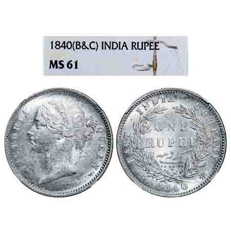 Victoria Queen, Silver, Rupee, 1840, DL, Calcutta Mint, W.W. raised, Wreath with 28 Berrie