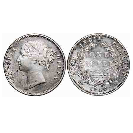 Victoria Queen, Silver, Rupee, 1840, DL, Calcutta Mint, Wreath with 28 Berries (13L + 15R)