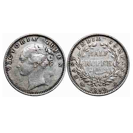 Victoria Queen, Silver, Half Rupee, 1840, CL, Madras Mint, A/I, Wreath with 19 Berries (9L