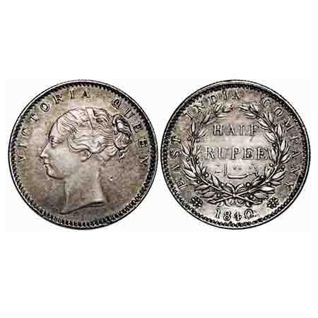 Victoria Queen, Silver, Half Rupee, 1840, CL, Madras Mint, A/I, Wreath with 19 Berries (9L