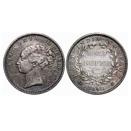 Victoria Queen, Silver, Half Rupee, 1840, CL, Bombay Mint, A/I, Wreath with 19 Berries (9L