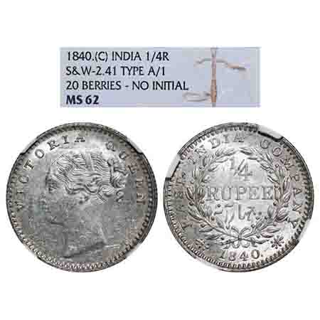 Victoria Queen, Silver, 1/4 Rupee, 1840, CL, Calcutta Mint, A/I, English Head, Wreath with