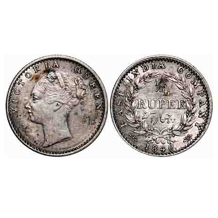 Victoria Queen, Silver, 1/4 Rupee, 1840, CL, Calcutta Mint, C/II, Indian Head, Wreath with