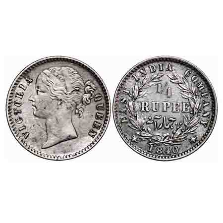 Victoria Queen, Silver, 1/4 Rupee, 1840, DL, Calcutta Mint, W.W. raised, Wreath with 10 Be