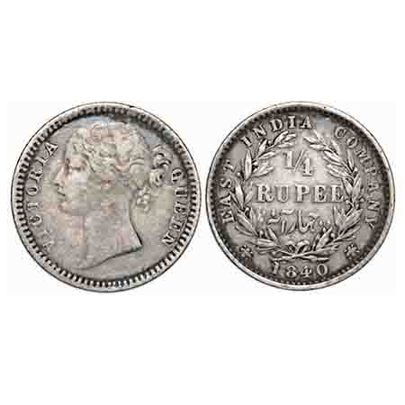 Victoria Queen, Silver, 1/4 Rupee, 1840, DL, Madras Mint, W.W. 'S' raised, Wreath with 10 