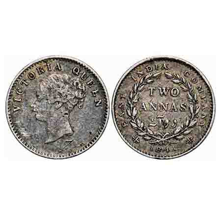 Victoria Queen, Silver, 2 Annas, 1841, CL, Calcutta Mint, A(a)/I, Wreath with 16 Berries (