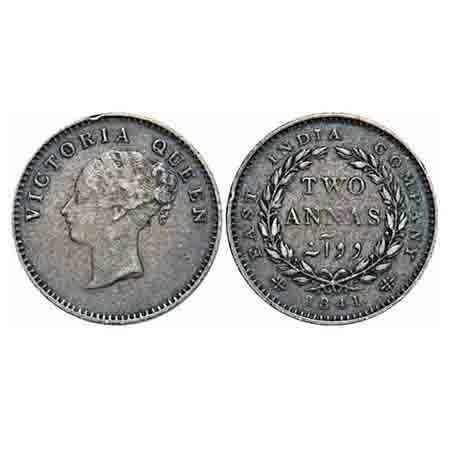 Victoria Queen, Silver, 2 Annas, 1841, CL, Calcutta Mint, A(a)/I, Wreath with 16 Berries (