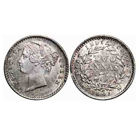 Victoria Queen, Silver, 2 Annas, 1841, DL, Calcutta Mint, W.W. Raised, Wreath with 9 Berri