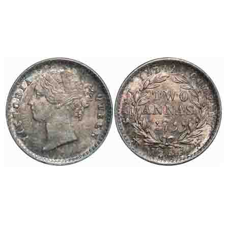 Victoria Queen, Silver, 2 Annas, 1841, DL, Calcutta Mint, W.W. Raised, Wreath with 9 Berri