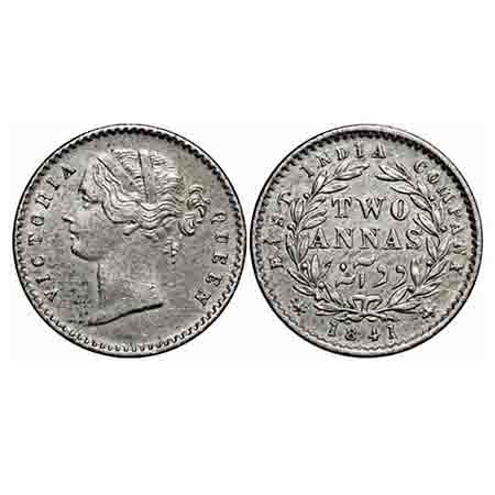 Victoria Queen, Silver, 2 Annas, 1841, DL, Calcutta Mint, W.W. raised, Wreath with 9 Berri