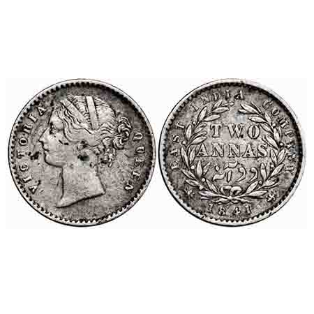 Victoria Queen, Silver, 2 Annas, 1841, DL, Calcutta Mint, W.W. raised, Wreath with 9 Berri