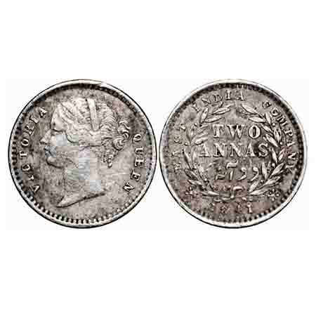 Victoria Queen, Silver, 2 Annas, 1841, DL, Madras Mint, W.W. raised, 'S' incused, Wreath w