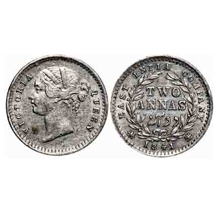 Victoria Queen, Silver, 2 Annas, 1841, DL, Madras Mint, 'S' incused, W.W. raised, Wreath w