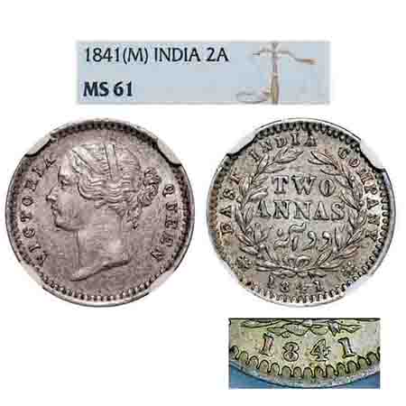 Victoria Queen, Silver, 2 Annas, 1841, DL, Madras Mint, 'S' incused, W.W. raised, Wreath w