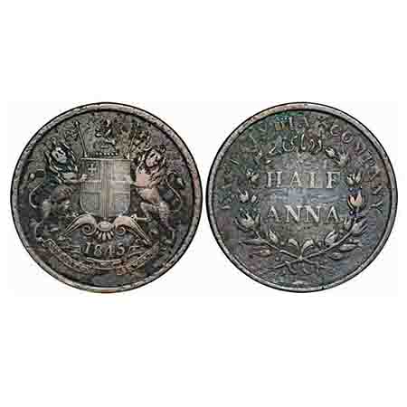 Victoria Queen, Copper, Half Anna, 1845, Calcutta Mint, Obv B, Cross bar of numeral 4 of y